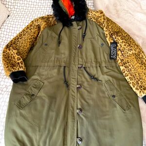 Leopard Sleeve Olive Parka Coat with Faux Fur Hood